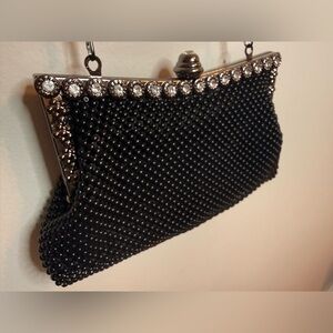 JNB Black Beaded Evening Clutch Rhinestone Frame Chain Strap